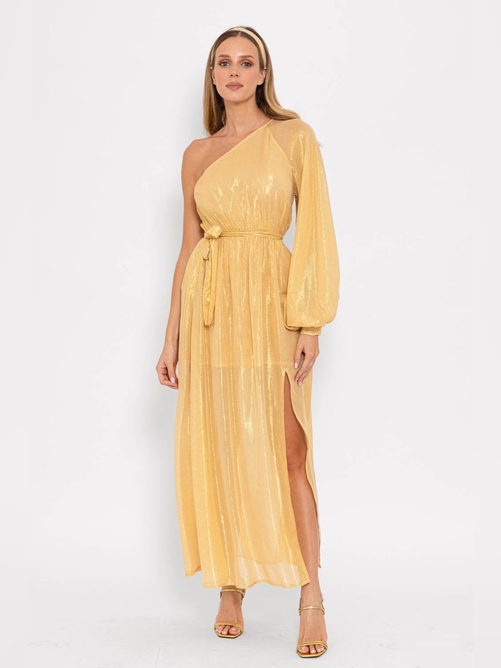New! Sundress Doris  Belted One-Shoulder Shimmer Midi Dress in Gold 🌟 Small Tall - Picture 6 of 16